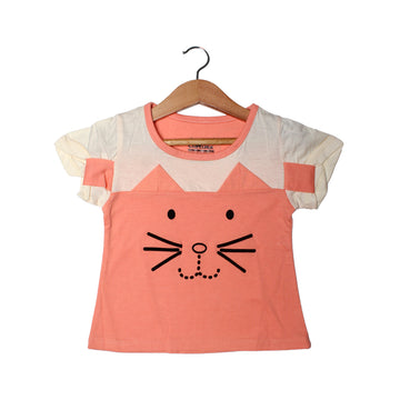 NEW PEACH & CREAM KITTEN FACE PRINTED HALF SLEEVES T-SHIRT TOP